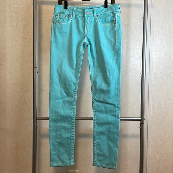 Miss Me Denim - Nwot Miss Me Turquoise Skinny Jeans Size 29 Bling pockets.